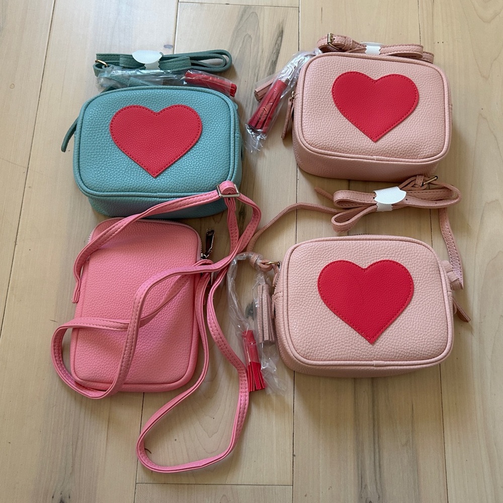 Bundle Of 4 Girls Pink Heart Crossbody Purses - Pink & Blue-Birthday Party Gift